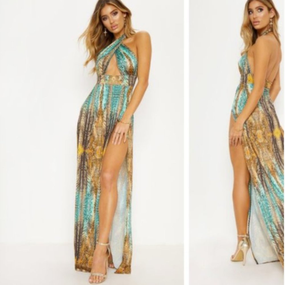 NWT- MULTI TIGER PRINT CROSS OVER HALTERNECK MAXI DRESS/COVER UP - Picture 1 of 16
